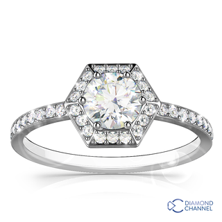 Hexagon Halo Design Diamond Ring In 9K White Gold(0.63ct tw)