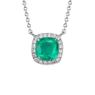 Cushion Cut Emerald and Diamond Pendant in 9k White Gold