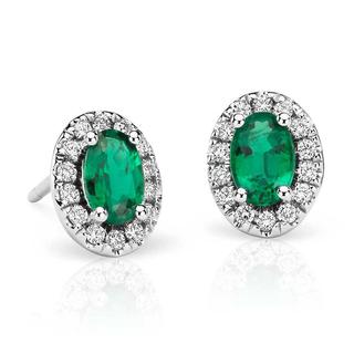Emerald and Pavé Diamond Halo Earrings in 9k White Gold