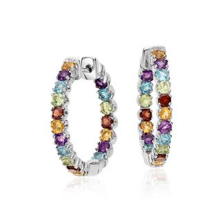 Multicolour Gemstone Hoop Earrings In 9K White Gold  