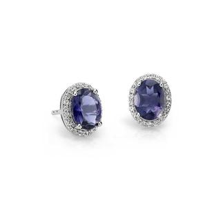 Oval Tanzanite And Diamond Halo Earrings In 9k White Gold (6X4mm)