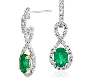 Emerald and Diamond Infinity Twist Earrings in 9k white and Yellow Gold