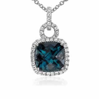 Blue Topaz and Diamond Halo Cushion Cut Pendant in 18K White Gold (0.45ct tw)