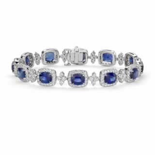 Cushion Blue Sapphire and Halo Diamond Bracelet in 9K White Gold (1.52ct tw)