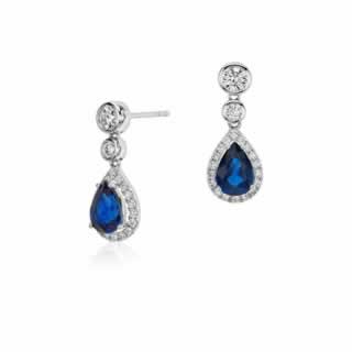 Sapphire and Diamond Pear Dangle Earrings in 18K White gold (0.76 carat tw)