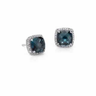 Blue Topaz Halo Stud Earrings in 9K White Gold (0.52ct tw)