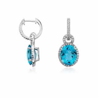 Blue Topaz Halo Oval Drop Diamond  Earrings in 9K White Gold (0.96ct tw)