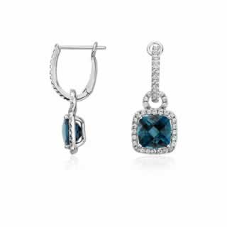 Aquamarine Cushion Cut Halo Diamond Drop Earrings in 9K White Gold (0.72ct tw)