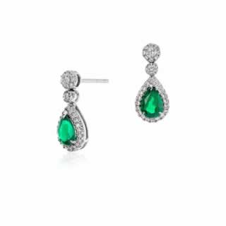 Pear Shape Emerald and Diamond Pave Drop Earrings in 9K White Gold ()