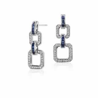 Blue Sapphire and Diamond Geometric Drop Earring in 18K White Gold ()