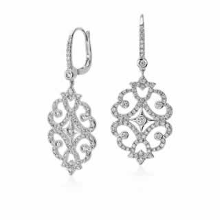 Diamond Scroll Drop Earrings in 18K White Gold ()